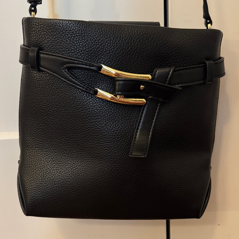 H by Halston Black Pebbled Crossbody with Gold-Tone Buckle Accent